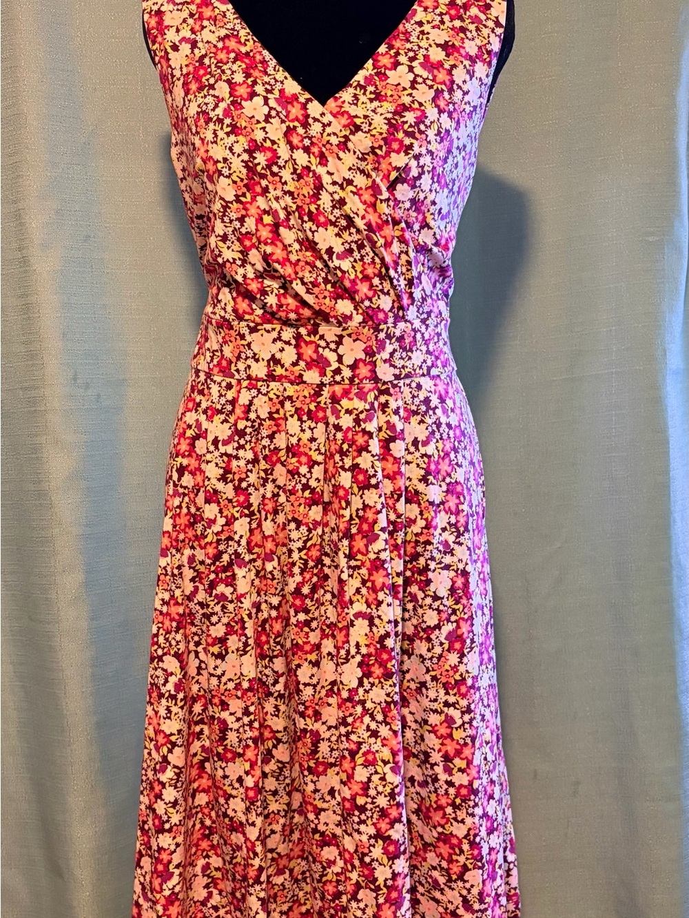 Lands' End Pink Floral Sleeveless V-Neck Midi Dress